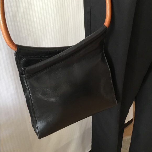 Handbags - Black Leather  Bag with Tan Wood Handle